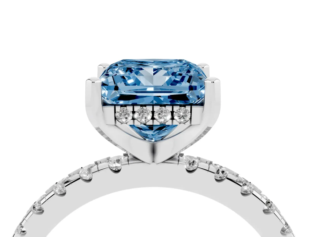 Fancy Blue Princess Cut Diamond Solitaire Ring with Round Pavé Band and Four-Prong Setting Silver