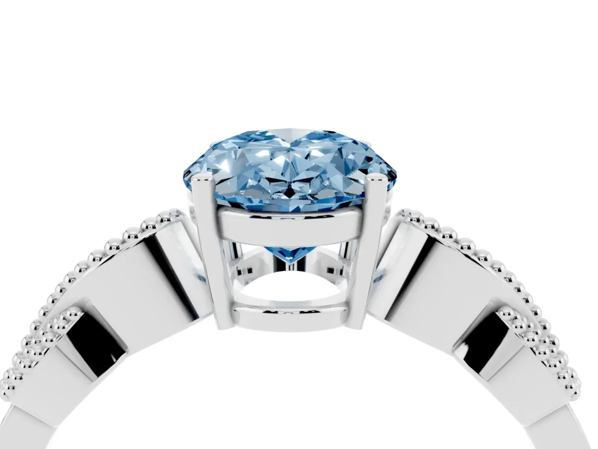 Fancy Blue Oval Cut Solitaire Milgrain Leaf Band with Prong Setting Silver