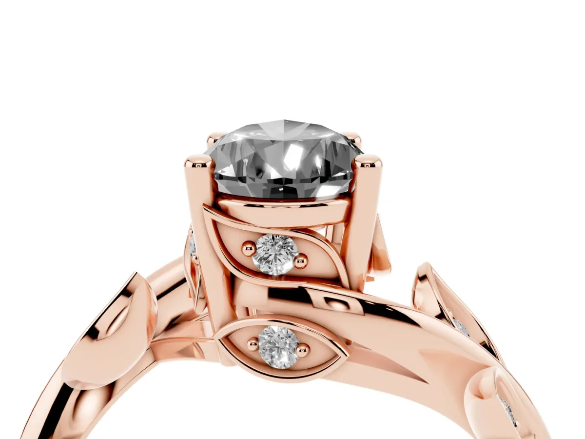 Fancy Black Pear Cut Solitaire Twist Engagement Ring with Leaf Accents and Prong Setting Rose gold