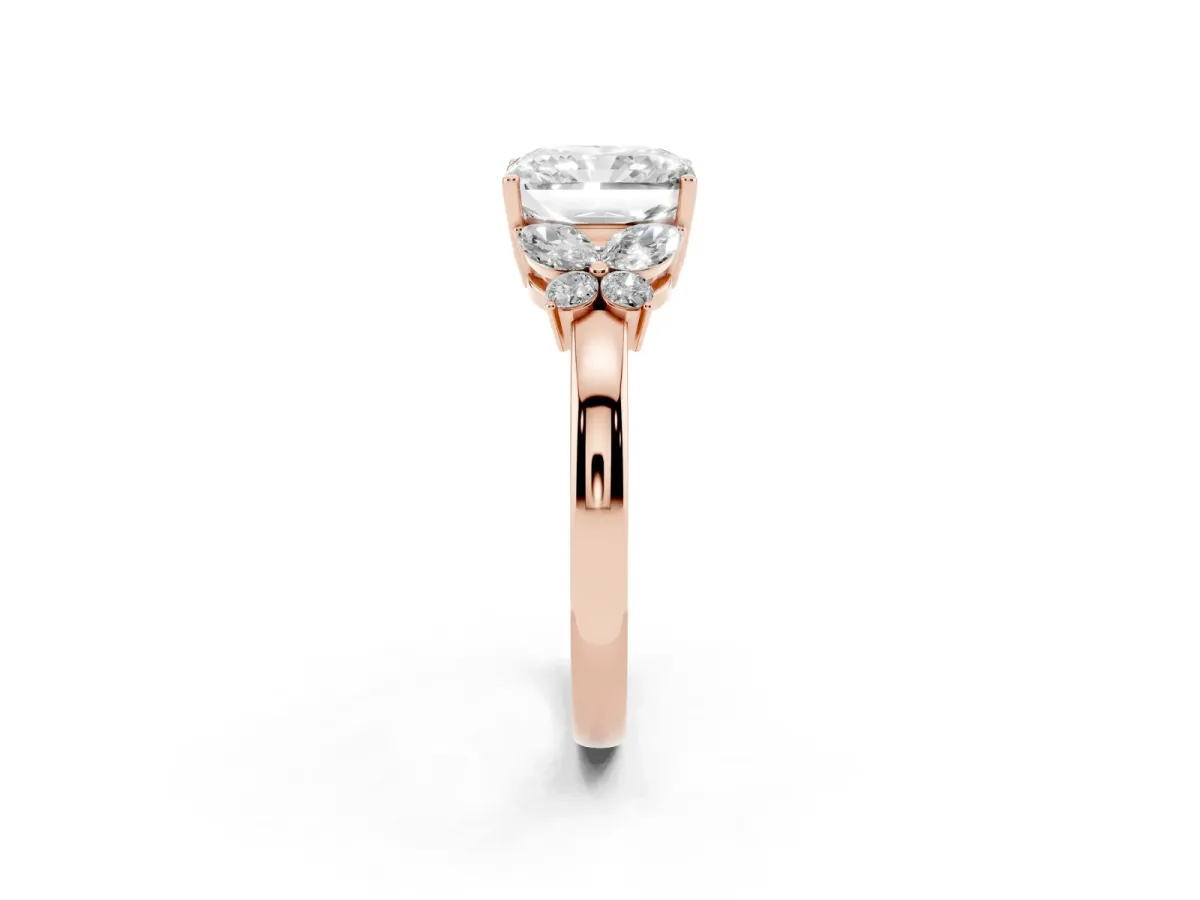 Radiant Cut Cut Solitaire Floral Diamond Ring with Four-Prong Setting Rose gold