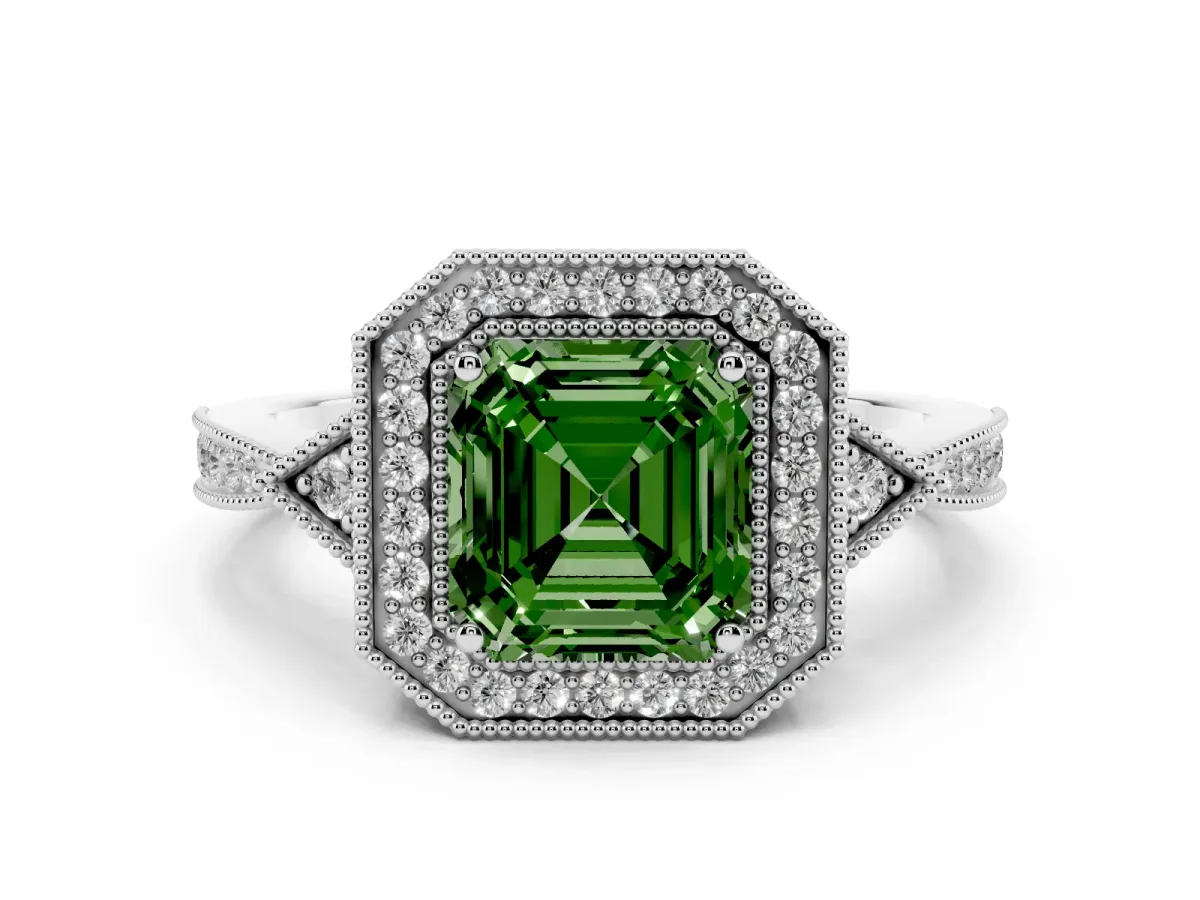 Fancy Green Asscher Cut Halo Round Diamond Milgrain Pave Engagement Ring Silver