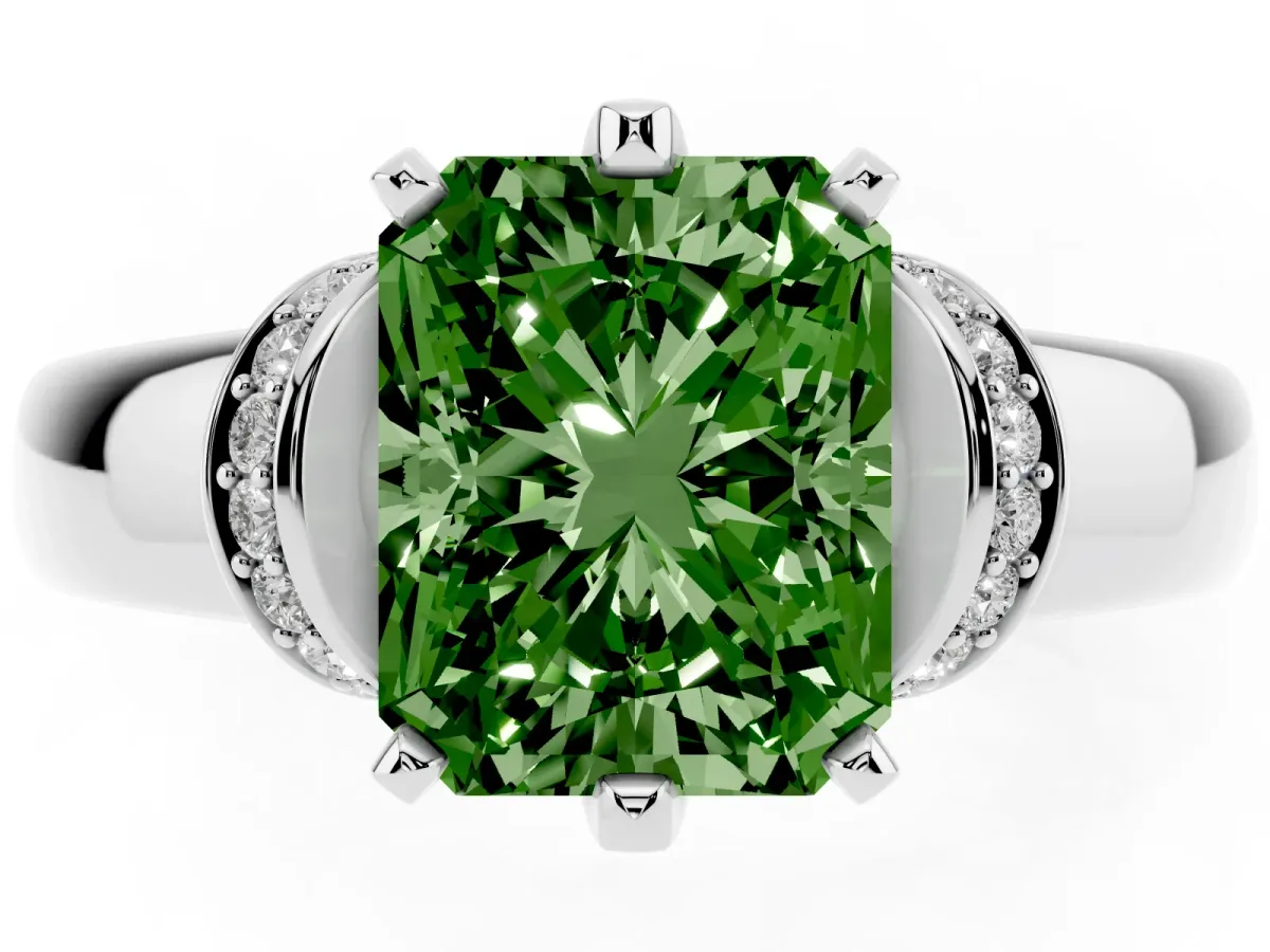 Fancy Green Radiant Cut Solitaire Diamond Ring with Pave Band and Six-Prong Setting White gold