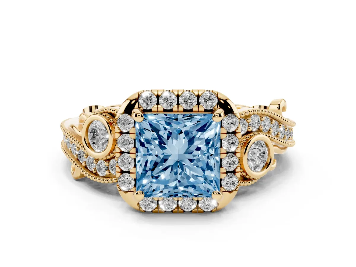 Fancy Blue Princess Cut Diamond Halo Ring with Milgrain Pavé Band and Four-Prong Setting Yellow gold