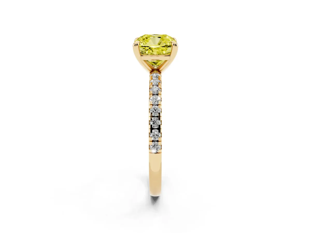 Fancy Yellow Cushion Cut Diamond Brilliant Solitaire Ring with Pavé Band and Four-Prong Setting Yellow gold