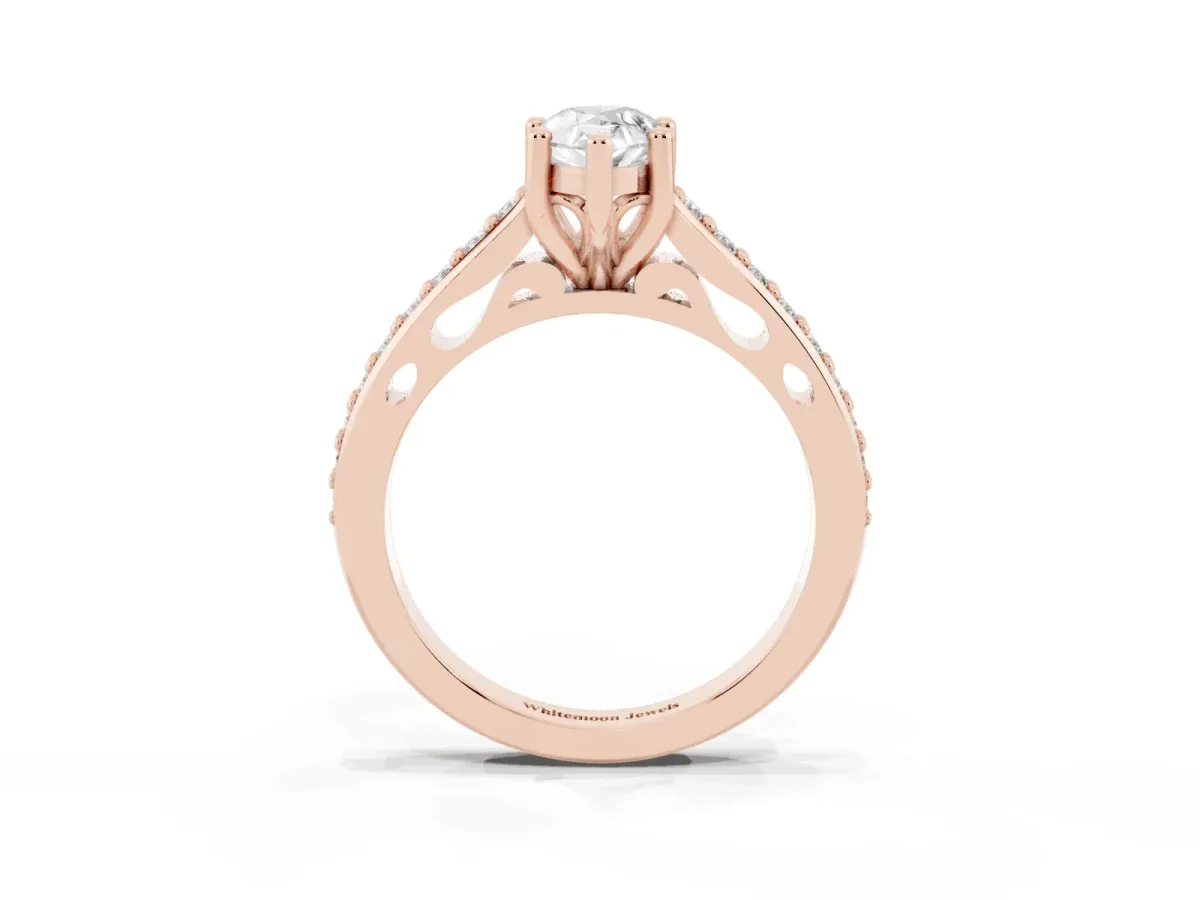 Pear Cut Solitaire Prong Set Diamond Engagement Ring with Pave Band Rose gold