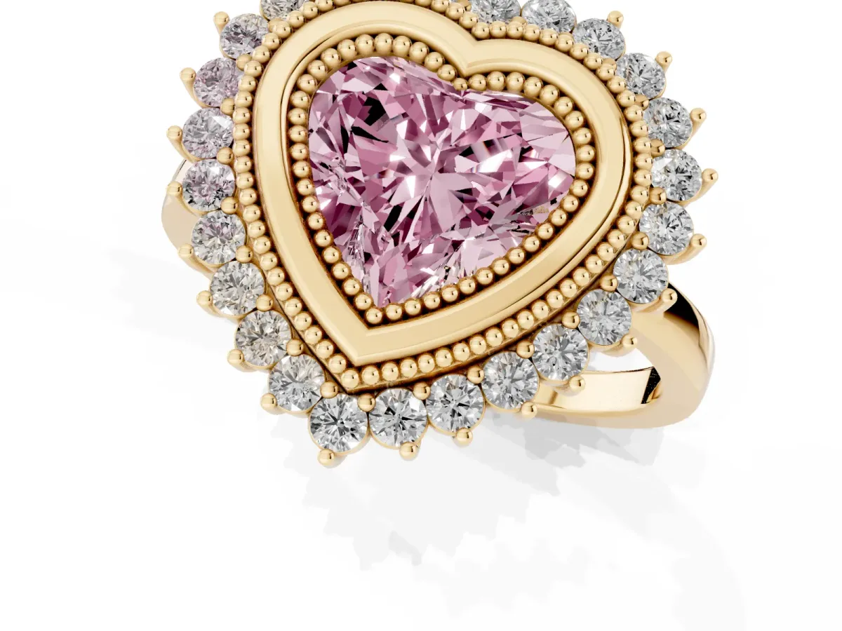 Fancy Pink Heart Cut Halo Diamond Ring with Milgrain Edge and Round Prong Setting Yellow gold