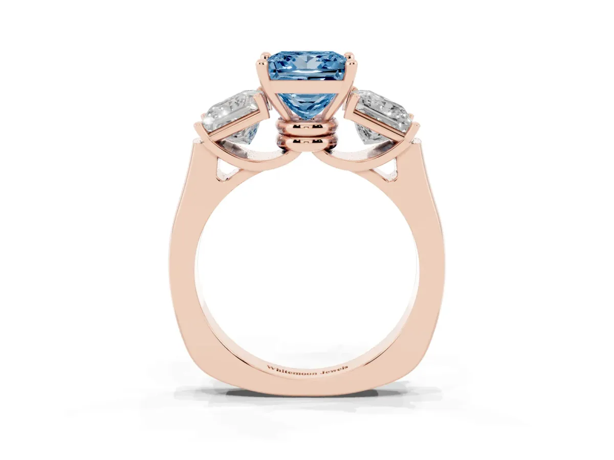 Fancy Blue Three-Stone Princess Cut Brilliant Diamond Trellis Ring with Comfort Fit Band Rose gold