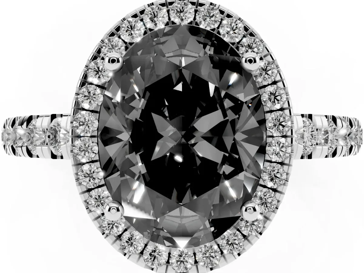 Fancy Black Oval Cut Diamond Halo Ring with Pavé Band and Four-Prong Setting Silver