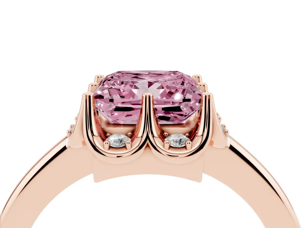 Fancy Pink Princess Cut Halo Diamond Ring with Round Cluster Setting, Solitaire Band, and Four-Prong Setting Rose gold