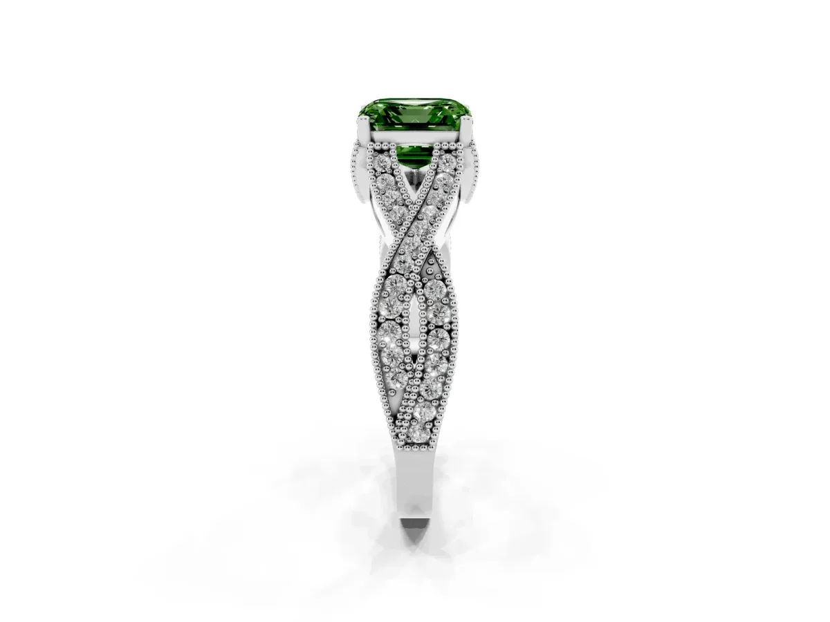Fancy Green Asscher Cut Cut Diamond Twisted Band with Milgrain Pave Setting and Four-Prong Setting Platinum