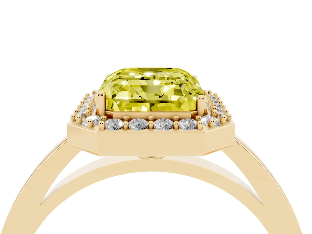 Fancy Yellow Radiant Cut Halo Diamond Ring with Solitaire Band and Prong Setting Yellow gold