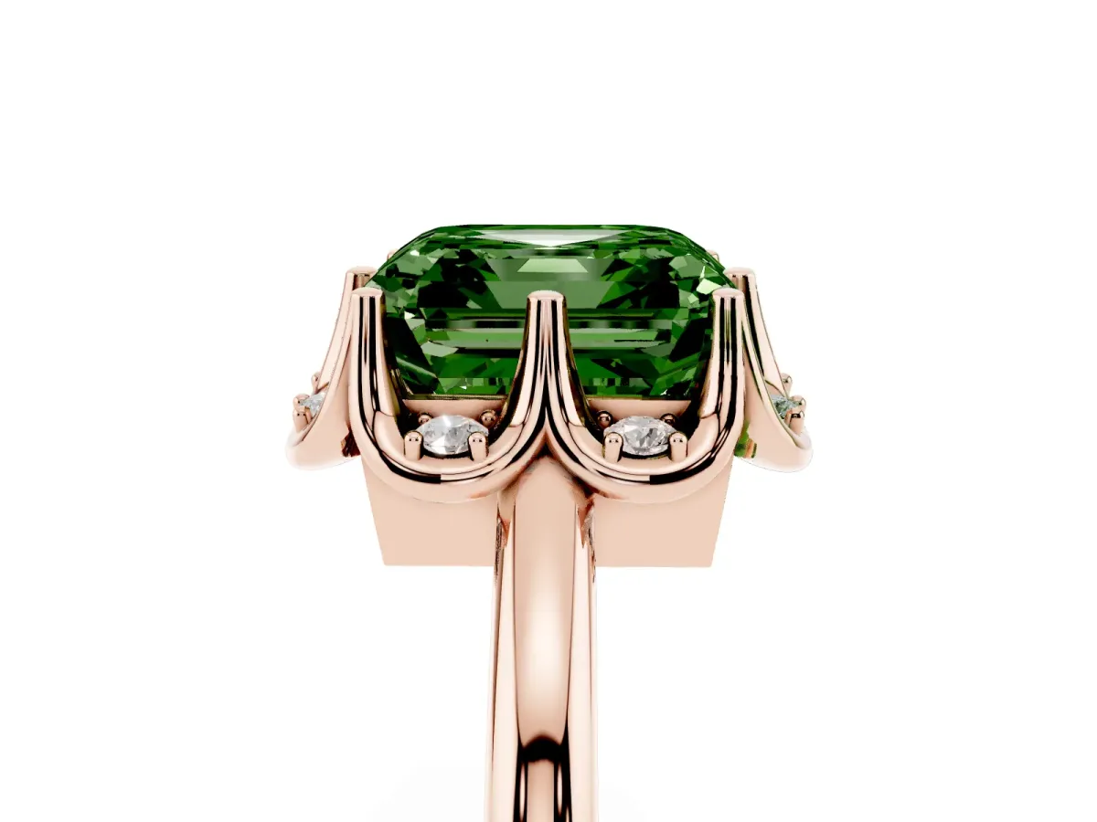 Fancy Green Asscher Cut Halo Diamond Ring with Round Cluster Setting, Solitaire Band, and Four-Prong Setting Rose gold