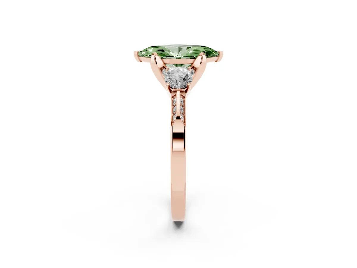 Fancy Green Marquise Cut Brilliant Three-Stone Diamond Ring with Pavé Band and Four-Prong Setting Rose gold