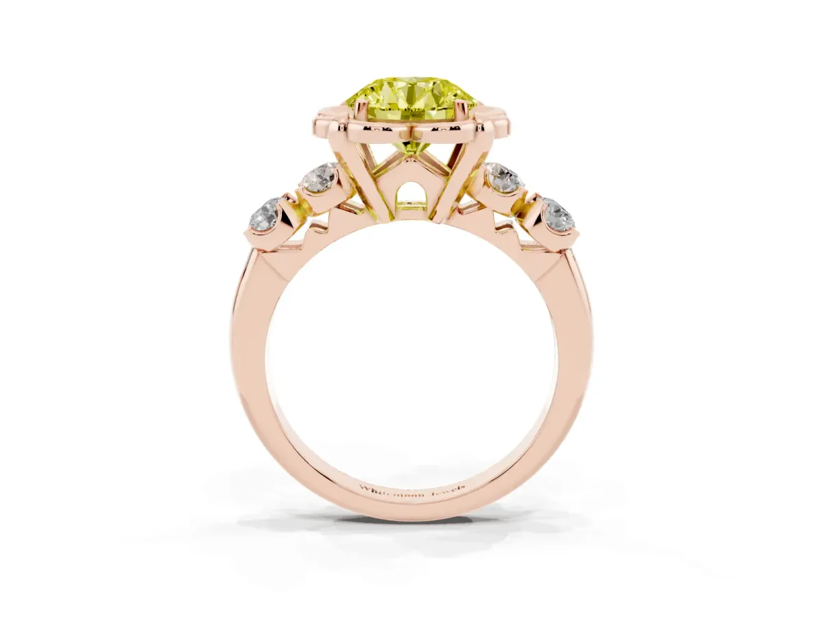 Fancy Yellow Round Cut Cut Diamond Floral Halo Engagement Ring with Shared Prong Setting Rose gold