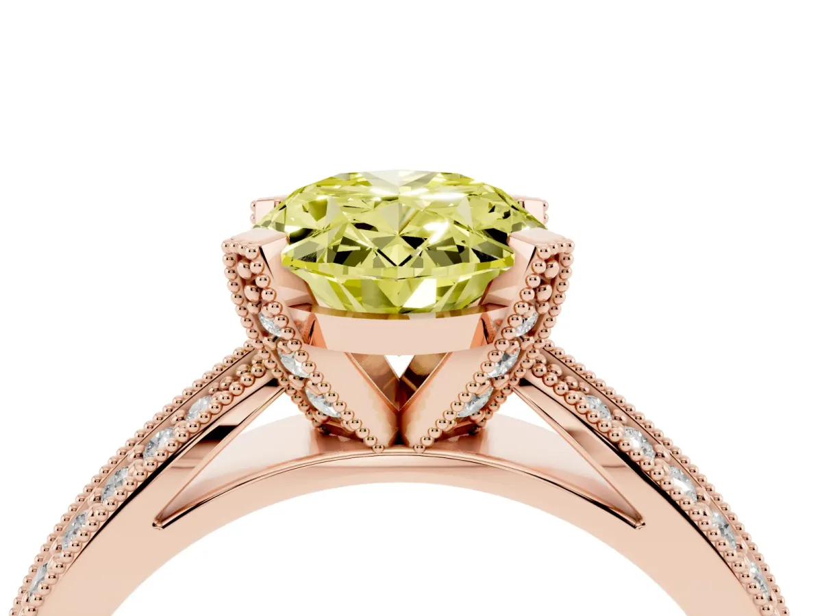 Fancy Yellow Oval Cut Diamond Solitaire Ring with Milgrain Round Pavé Band and Prong Setting Rose gold