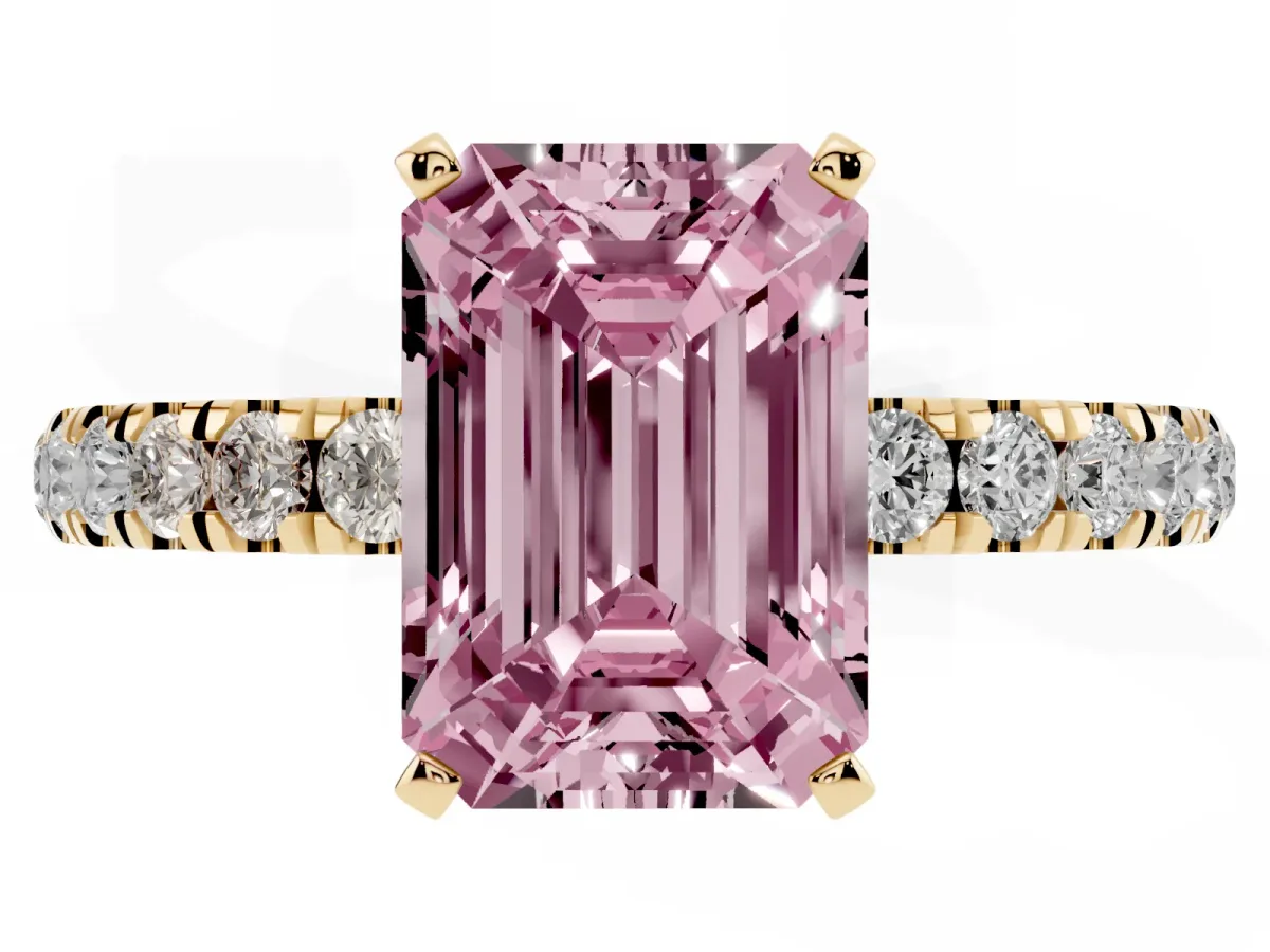 Fancy Pink Emerald Cut Diamond Solitaire Ring with Pavé Accents and Four-Prong Setting Yellow gold