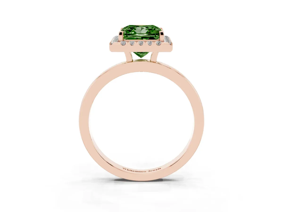 Fancy Green Princess Cut Halo Diamond Solitaire with Pavé Band and Four-Prong Setting Rose gold