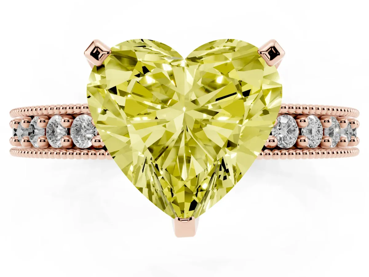 Fancy Yellow Heart Cut Diamond Milgrain Pavé Engagement Ring with Four-Prong Setting Rose gold