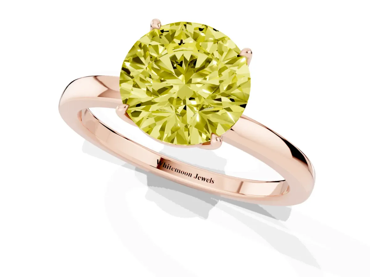 Fancy Yellow Round Cut Diamond Solitaire Ring with Thin Band and Prong Setting Rose gold
