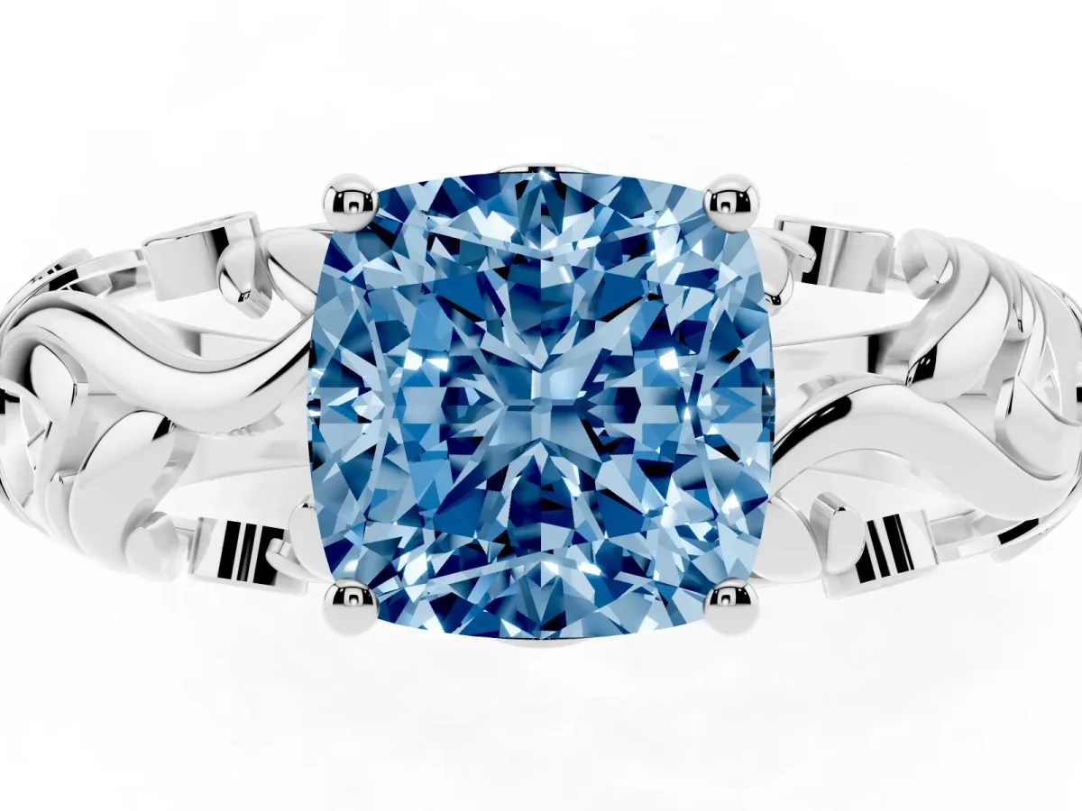 Fancy Blue Cushion Cut Solitaire Diamond Leaf-Inspired Vine Band Ring with Prong Setting Silver