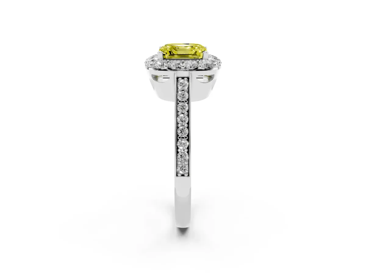 Fancy Yellow Asscher Cut Diamond Floral Halo Ring with Pavé Band and Prong Setting White gold
