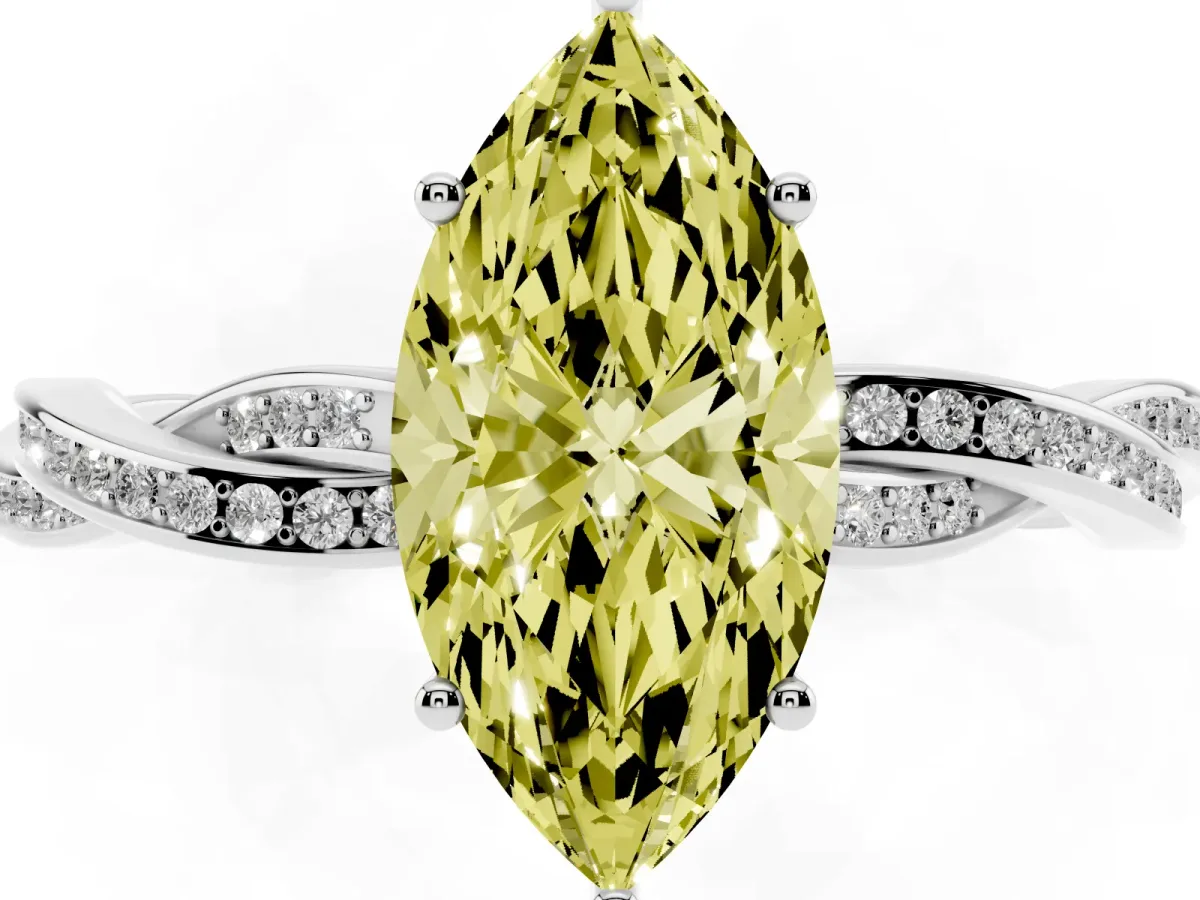 Fancy Yellow Marquise Cut Solitaire Twisted Pave Diamond Ring with Four-Prong Setting White gold
