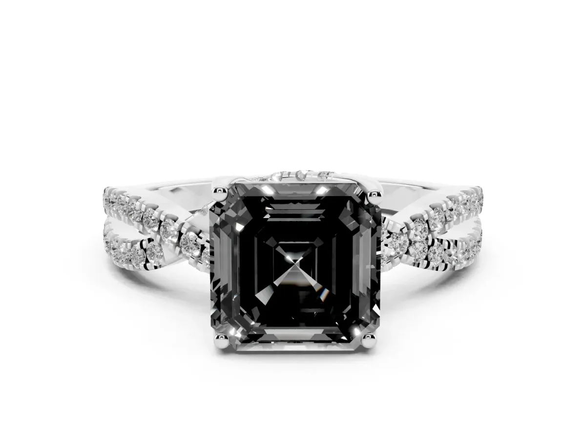 Fancy Black Asscher Cut Solitaire Twist Pave Diamond Engagement Ring with Prong Setting Silver