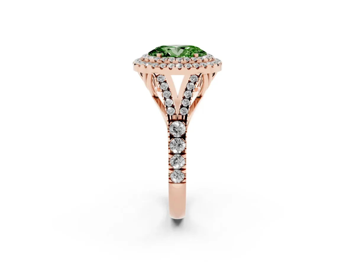 Fancy Green Oval Cut Cut Double Halo Split Shank Diamond Ring with Prong Setting Rose gold