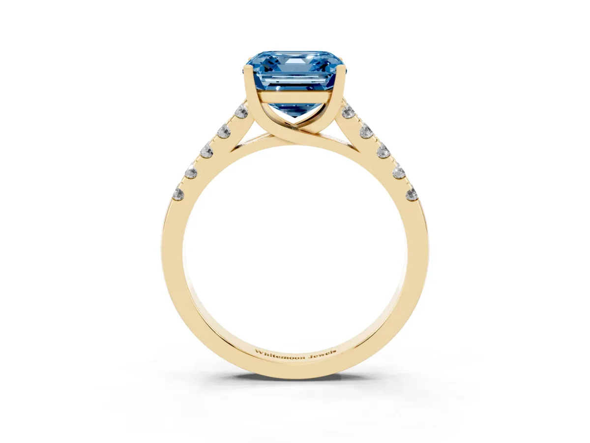 Fancy Blue Asscher Cut Diamond Pavé Band Solitaire Ring with Prong Setting Yellow gold