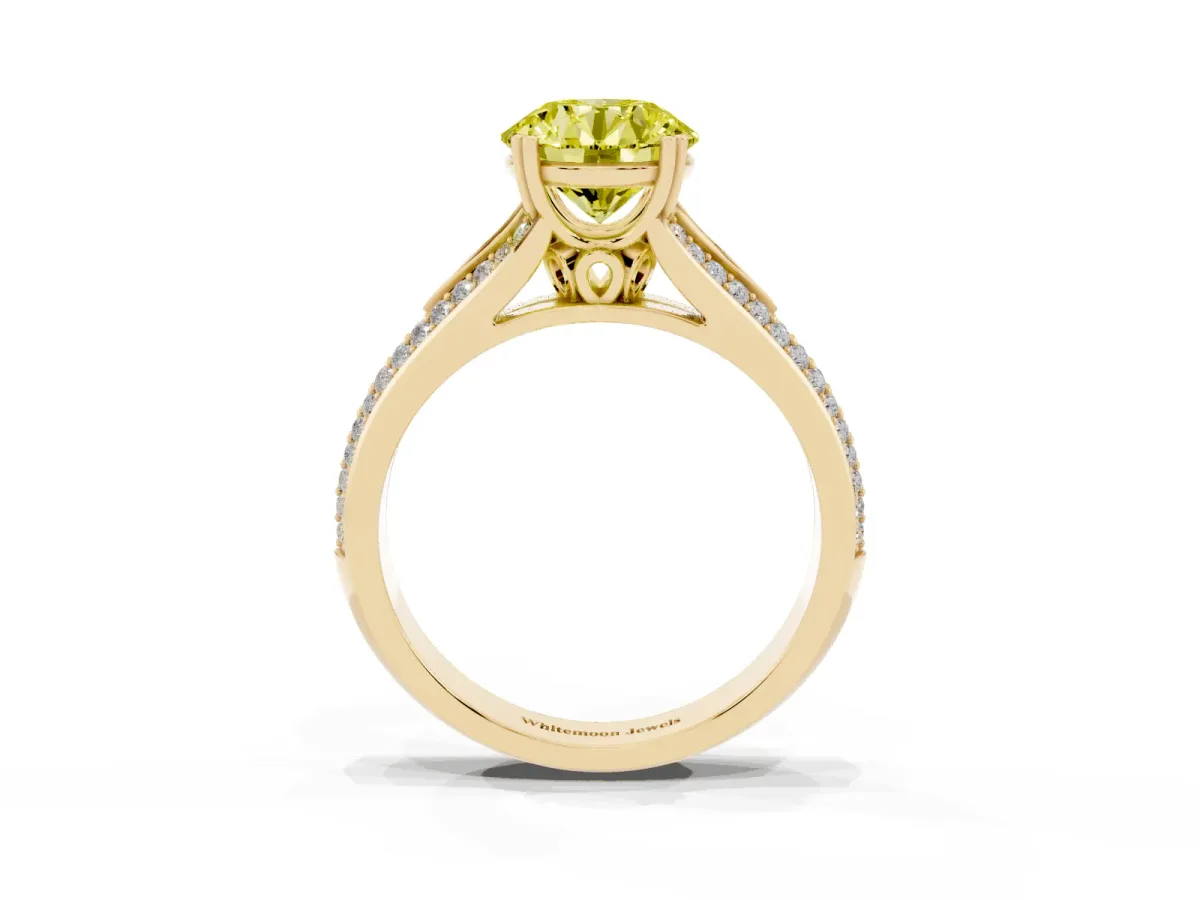 Fancy Yellow Round Cut Diamond Split Shank Engagement Ring with Pavé Band Yellow gold