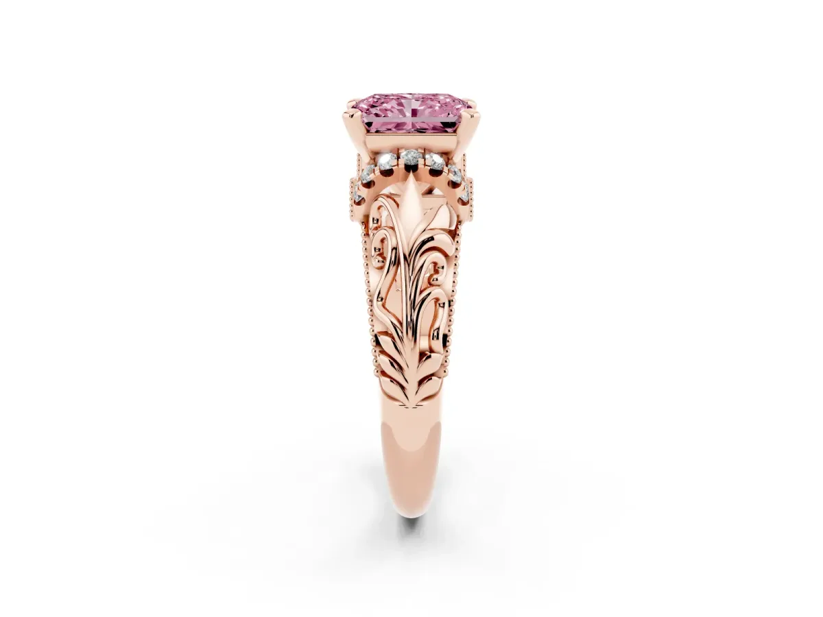 Fancy Pink Radiant Cut Solitaire Filigree Engagement Ring with Halo and Prong Setting Rose gold