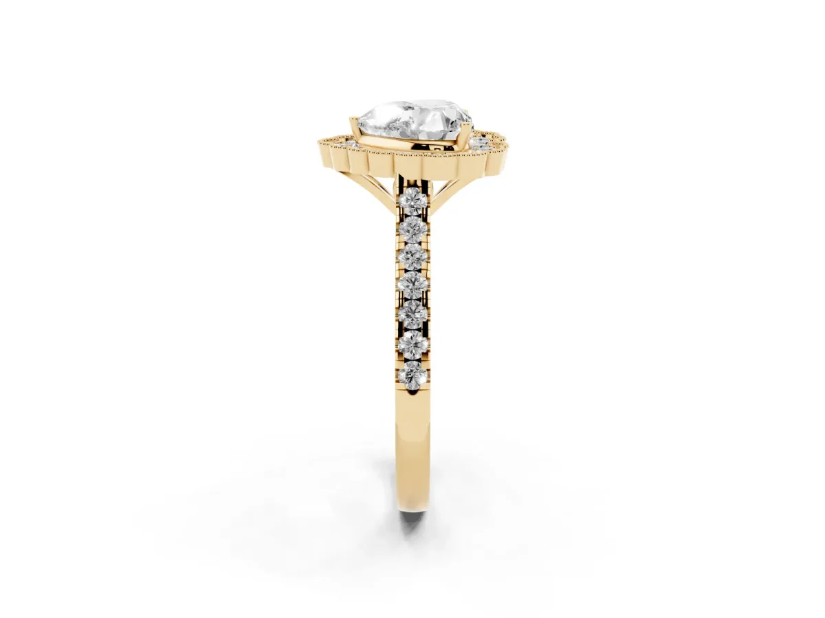 Heart Cut Cut Diamond Milgrain Floral Halo Engagement Ring with Pavé Band Yellow gold