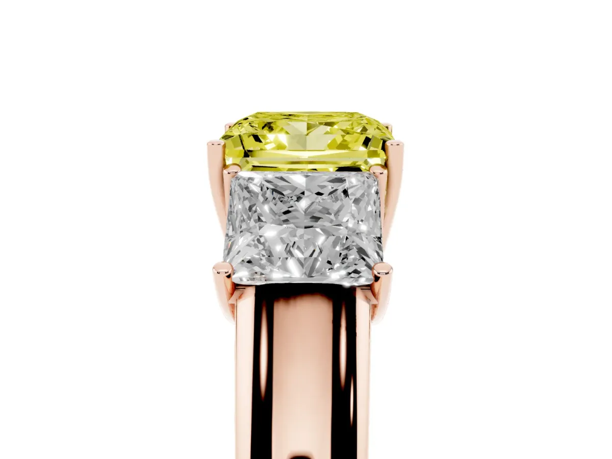 Fancy Yellow Three-Stone Princess Cut Cut Diamond Ring with Prong Setting and Classic Band Rose gold