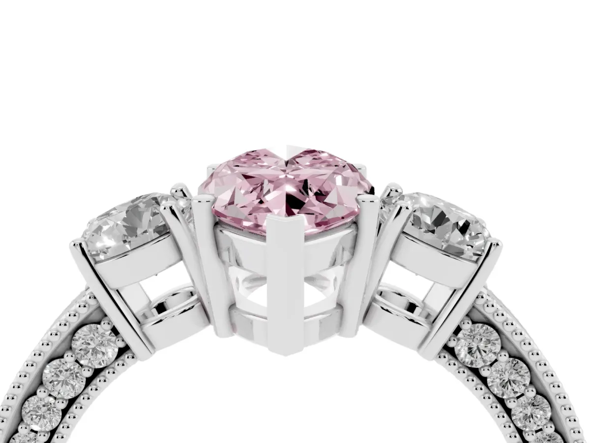 Fancy Pink Marquise Cut Three-Stone Diamond Ring with Pavé Band and Four-Prong Setting Silver