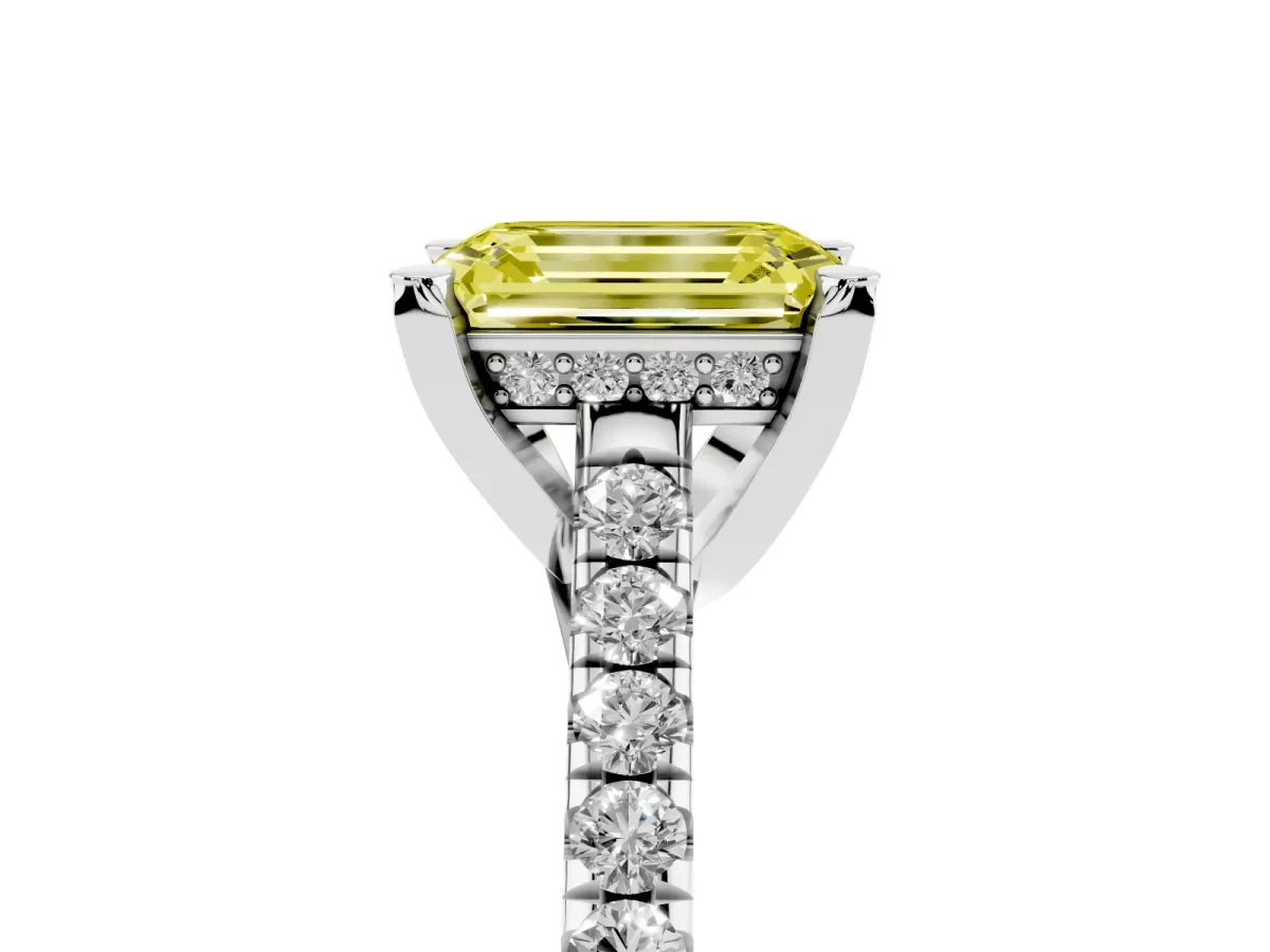 Fancy Yellow Emerald Cut Brilliant Diamond Solitaire with Pavé Band and Four-Prong Setting Platinum