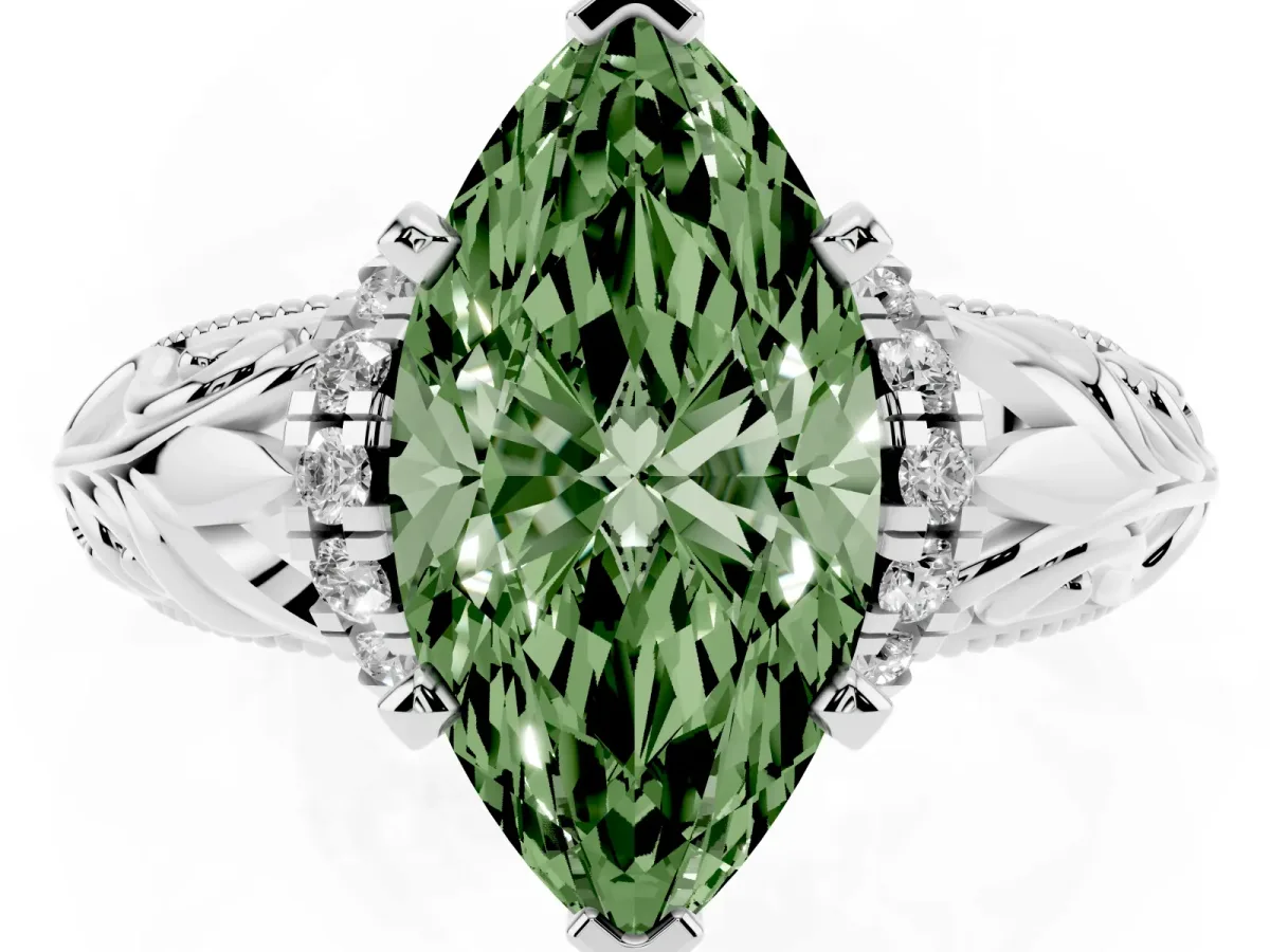 Fancy Green Marquise Cut Solitaire Filigree Engagement Ring with Halo and Prong Setting Silver