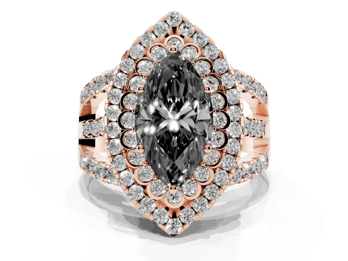 Fancy Black Marquise Cut Diamond Double Halo Ring with Round Pavé Split Shank and Prong Setting Rose gold
