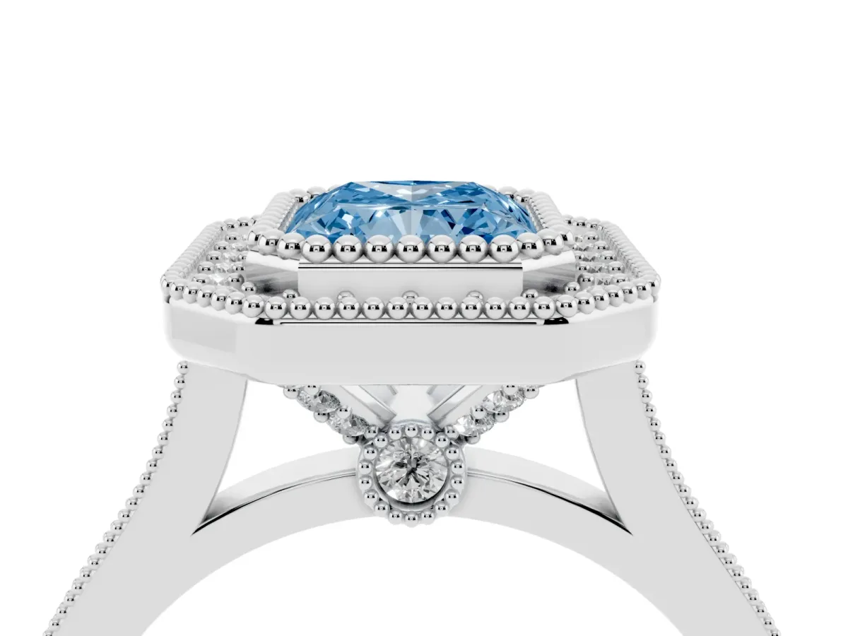 Fancy Blue Radiant Cut Diamond Halo Ring with Milgrain Frame and Pavé Band White gold