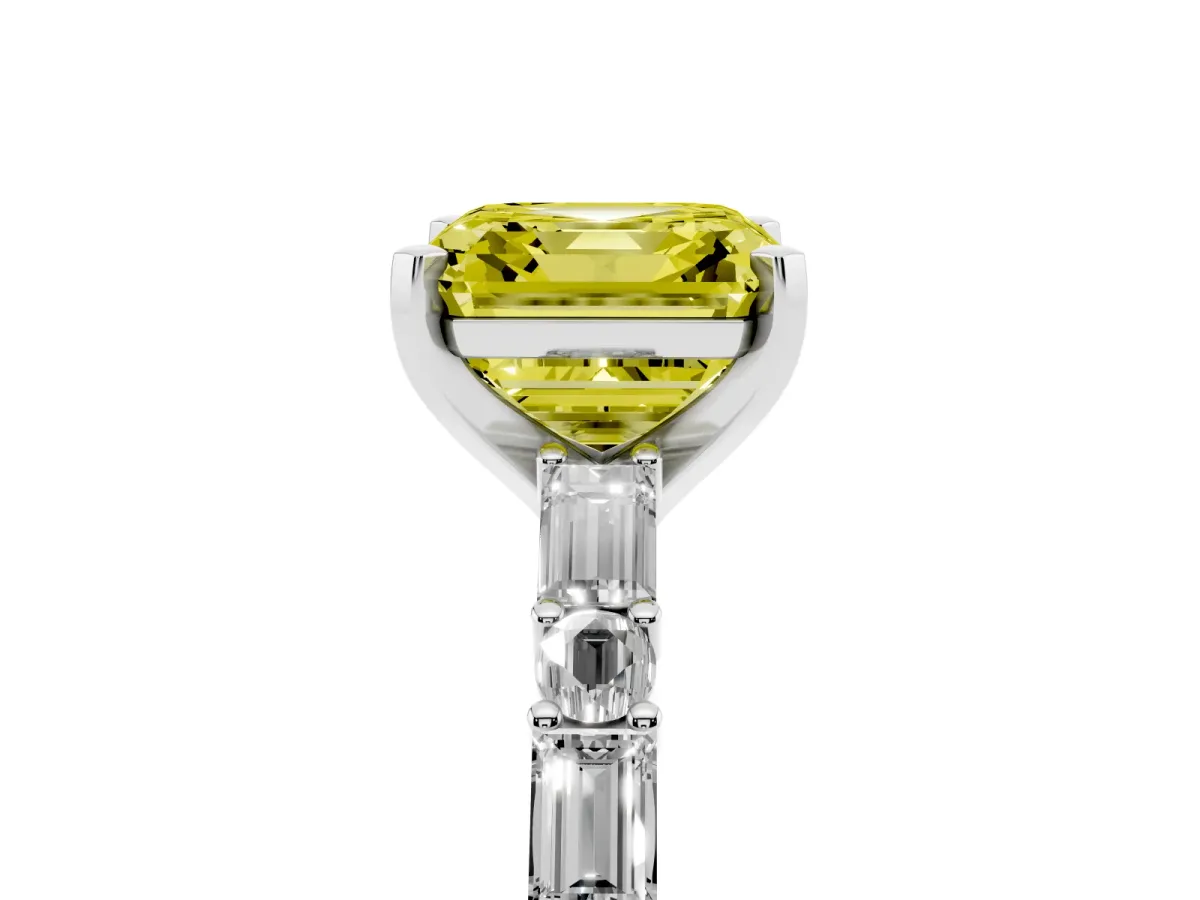 Fancy Yellow Asscher Cut Diamond Solitaire with Side Baguettes and Channel Set Band Silver