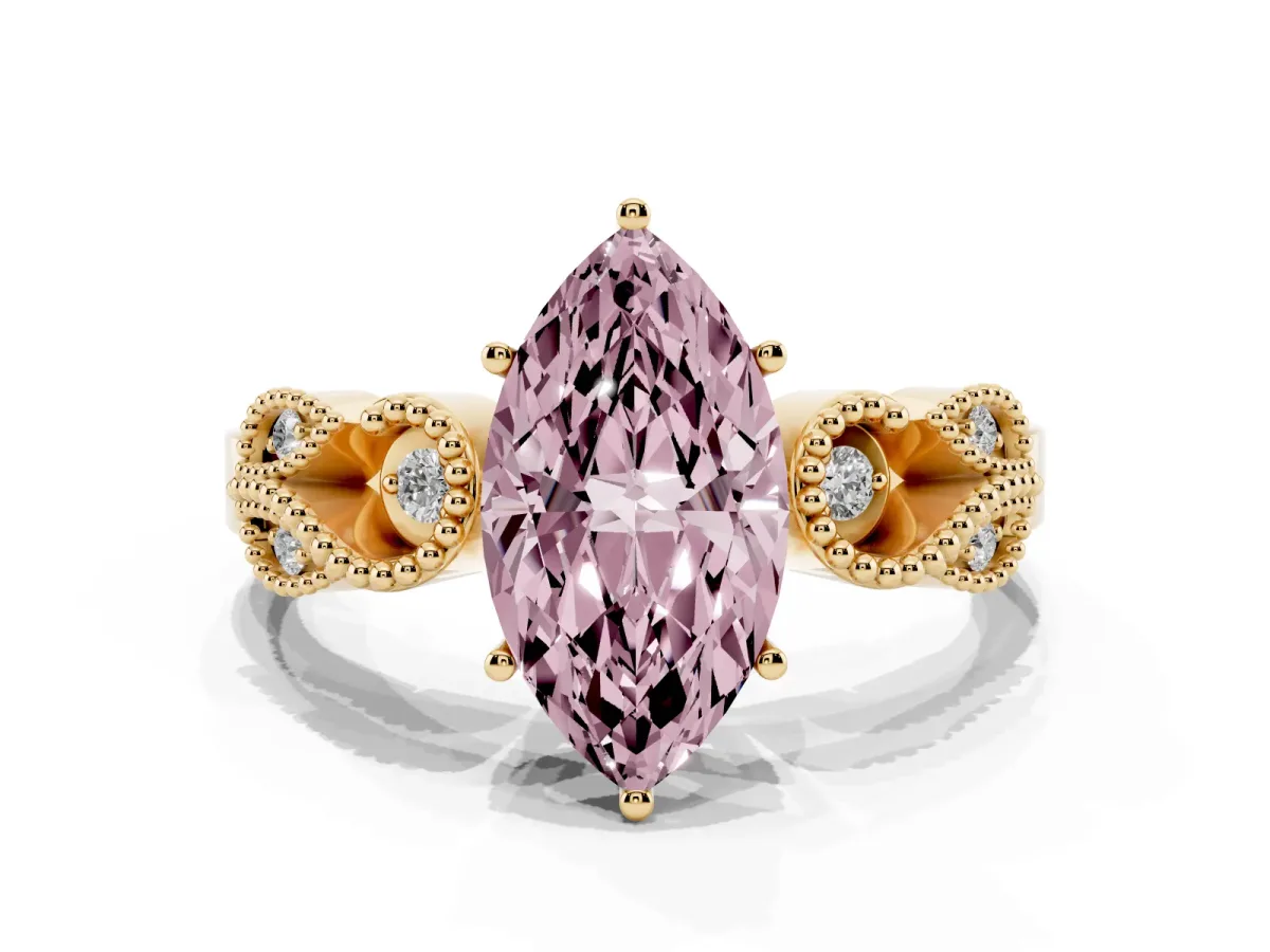 Fancy Pink Marquise Cut Solitaire Milgrain Leaf Band with Prong Setting Yellow gold