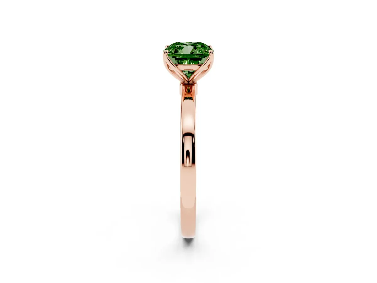 Fancy Green Cushion Cut Diamond Solitaire Ring with Thin Band and Prong Setting Rose gold