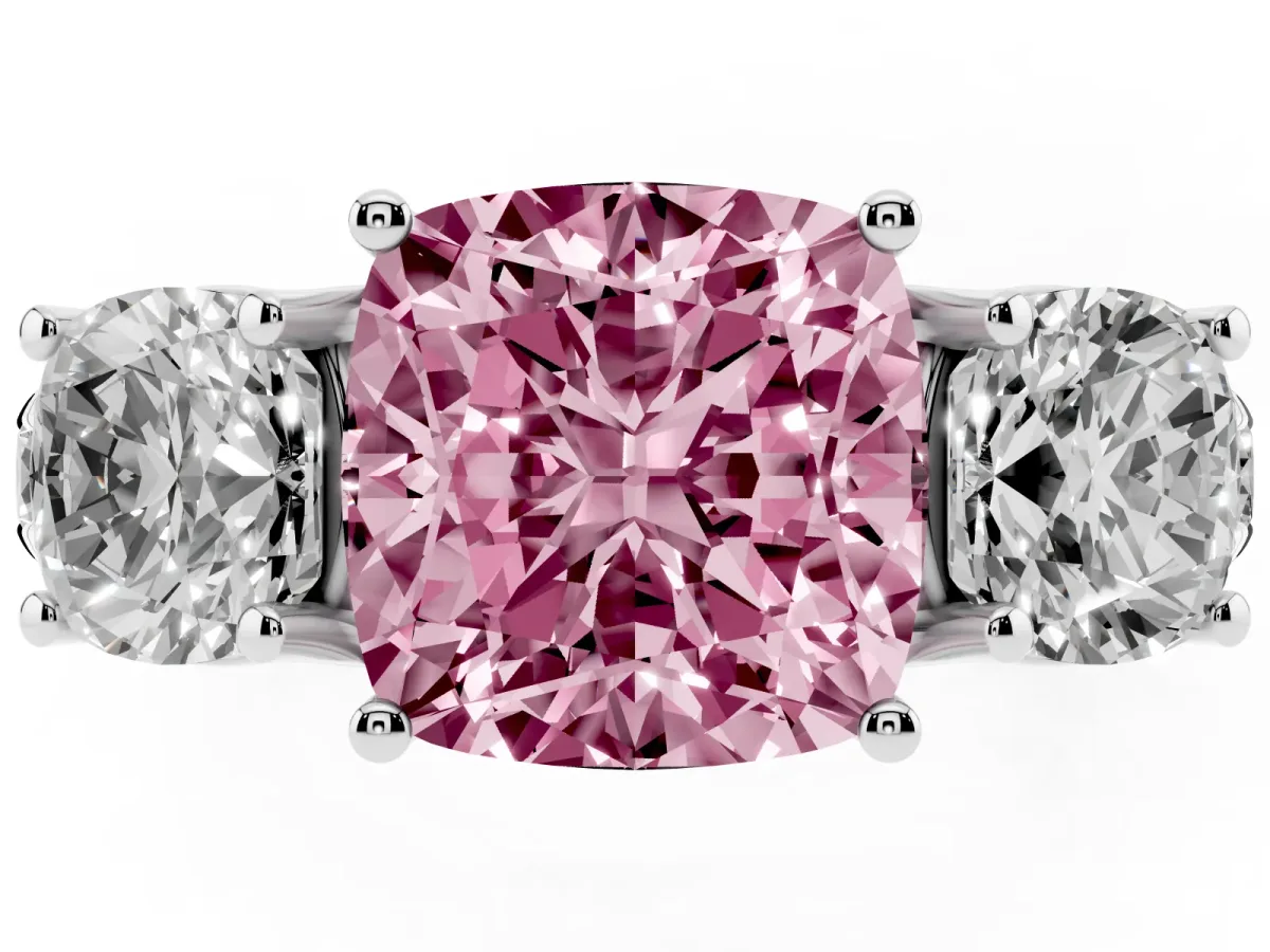 Fancy Pink Three-Stone Cushion Cut Diamond Pavé Band with Prong Setting Platinum