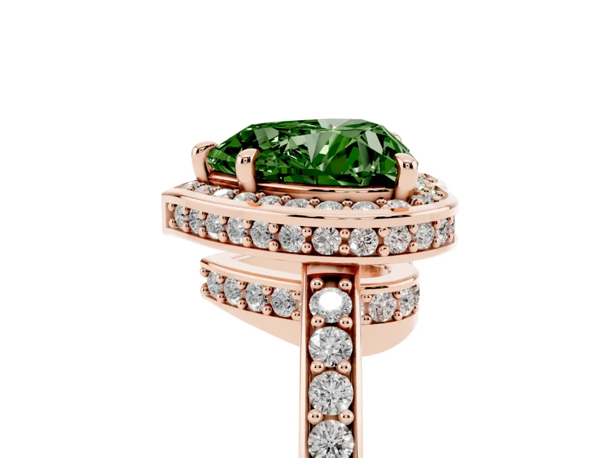 Fancy Green Heart Cut Halo Pave Band Solitaire Ring with Prong Setting Rose gold