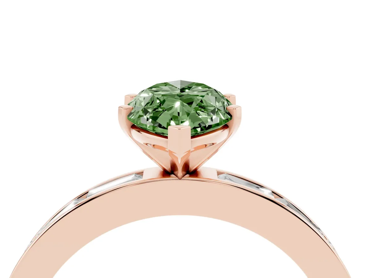 Fancy Green Marquise Cut Solitaire Diamond Ring with Channel-Set Baguette Band and Four-Prong Setting Rose gold