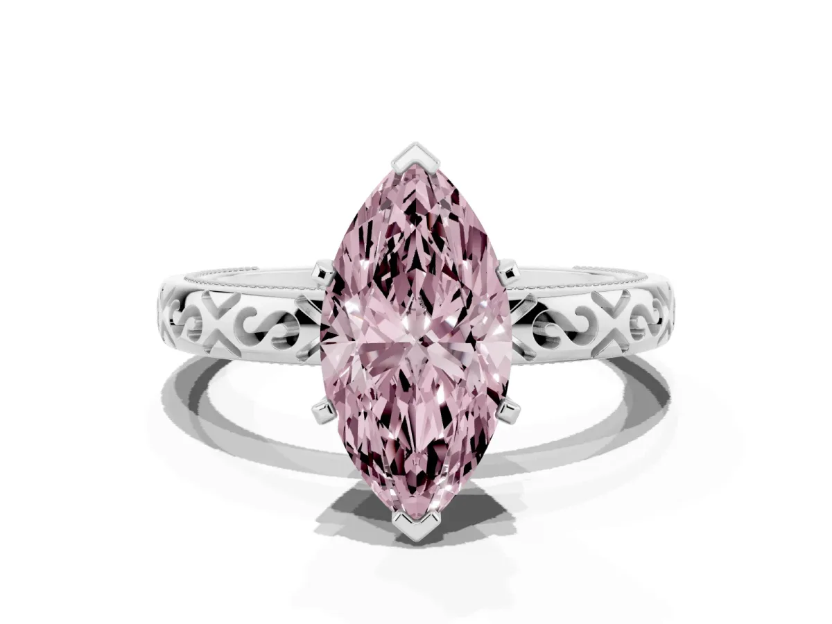 Fancy Pink Marquise Cut Solitaire Engagement Ring with Scrollwork Band and Four-Prong Setting Platinum