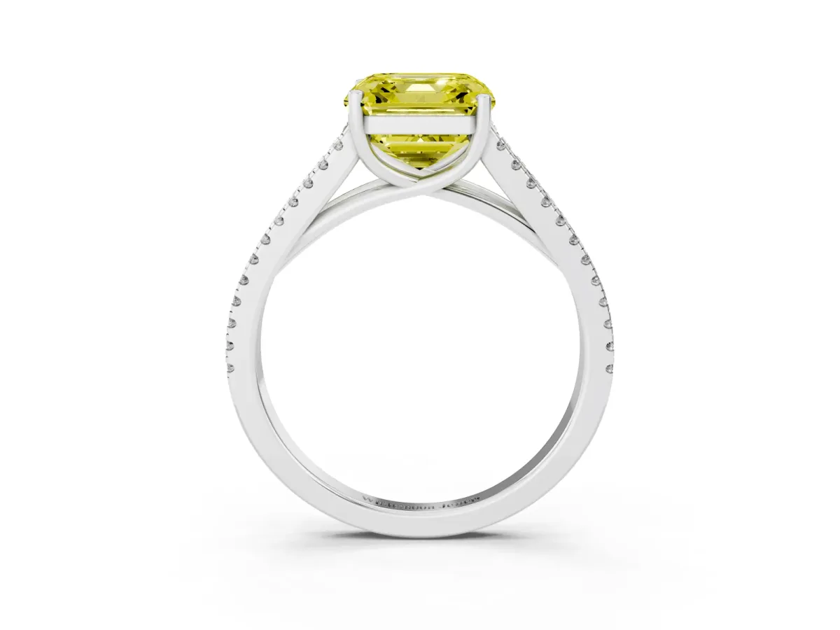 Fancy Yellow Asscher Cut Diamond Solitaire Engagement Ring with Split Shank Pavé Band Silver