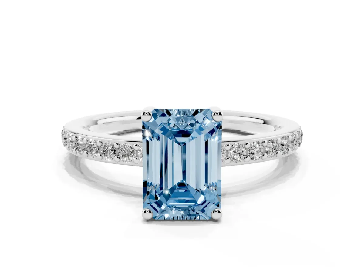 Fancy Blue Emerald Cut Cut Diamond Pavé Band Ring with Four-Prong Setting Platinum