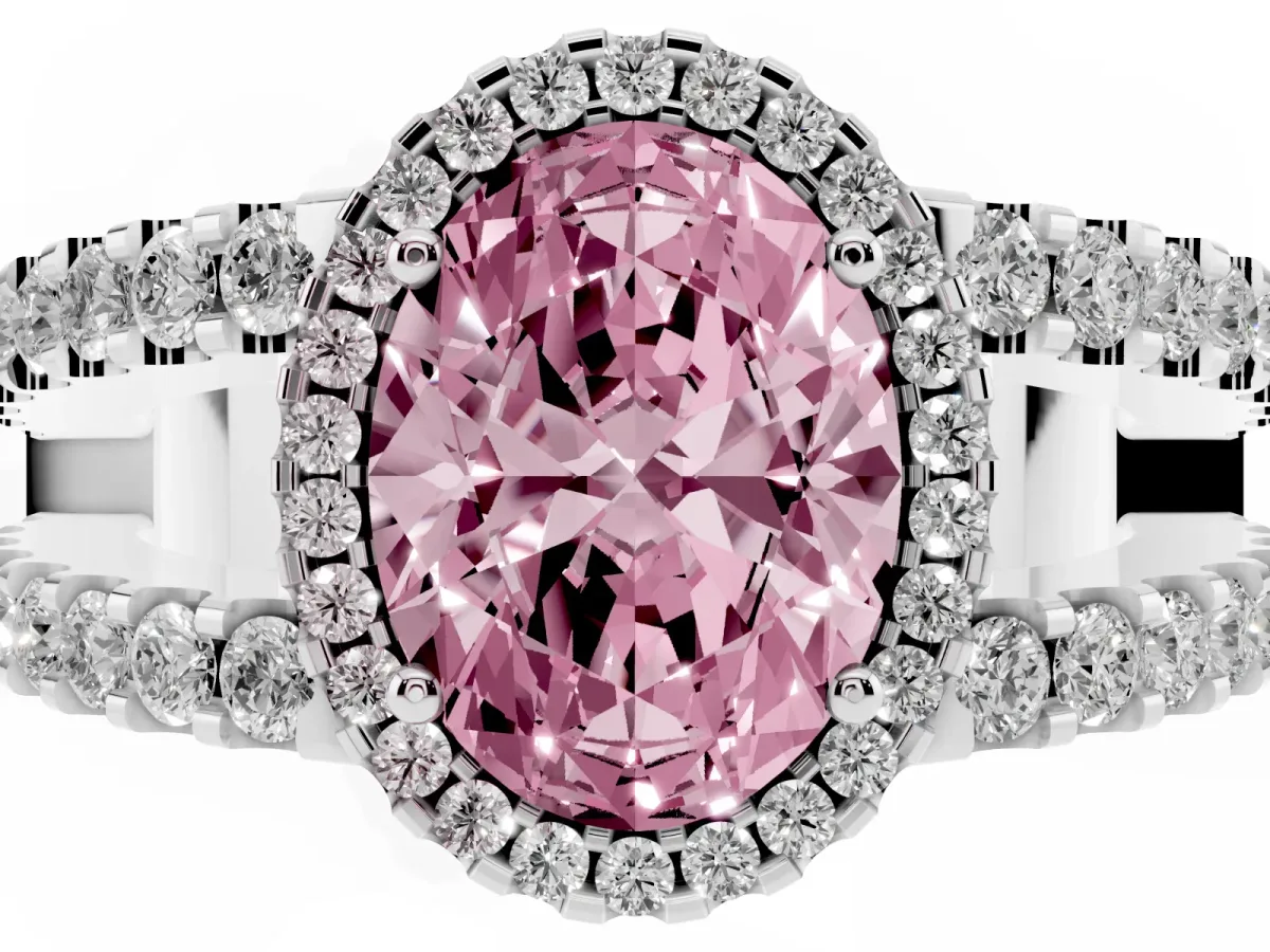 Fancy Pink Oval Cut Cut Halo Split Shank Diamond Ring with Four-Prong Setting Silver