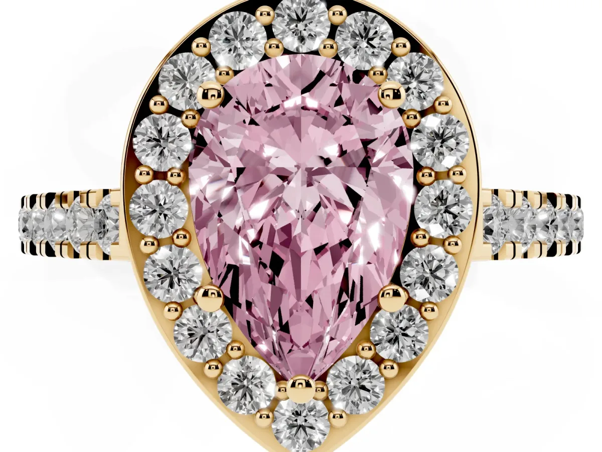 Fancy Pink Pear Cut Diamond Halo Ring with Round Pavé Split Shank and Prong Setting Yellow gold