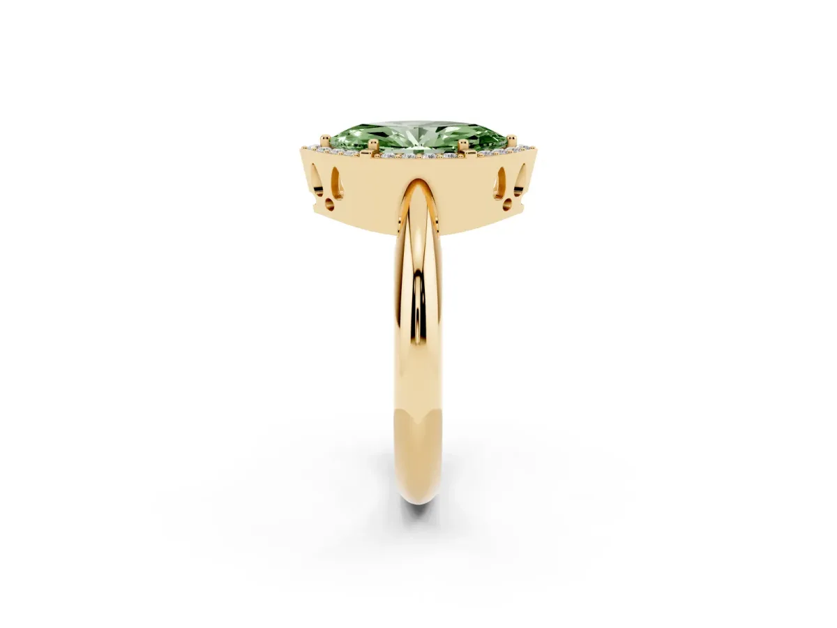 Fancy Green Marquise Cut Cut Diamond Halo Engagement Ring with Split Shank and Four-Prong Setting Yellow gold